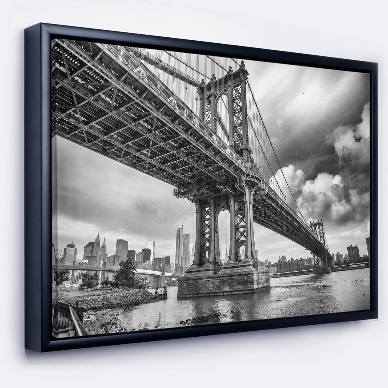 Designart - Manhattan Bridge in Gray Shade - Cityscape Photo Canvas Print in Black Frame